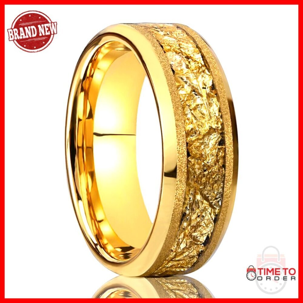 Tungsten Carbide Wedding Band 8mm Frosted Gold Foil Men Women Size 7.5